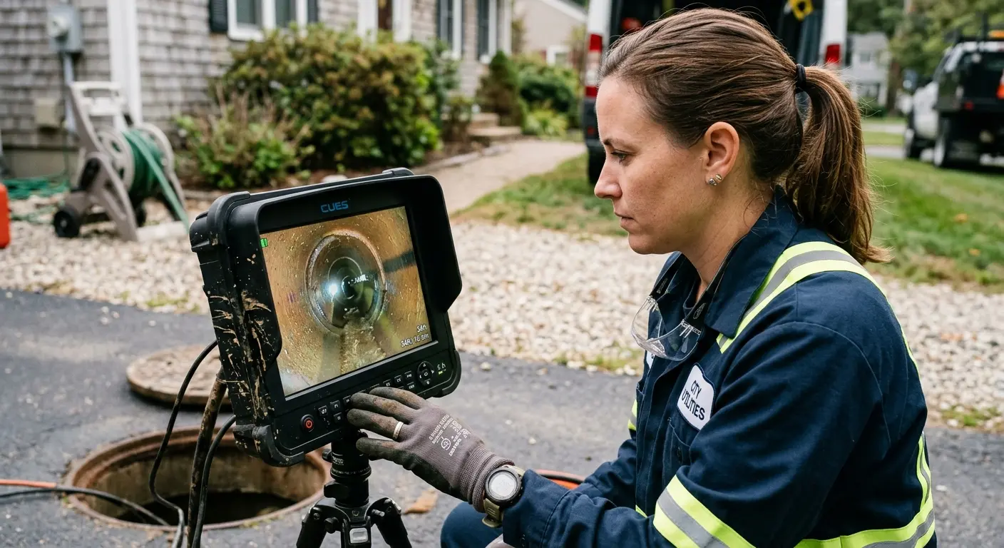 Technician reviewing sewer camera inspection footage in National City