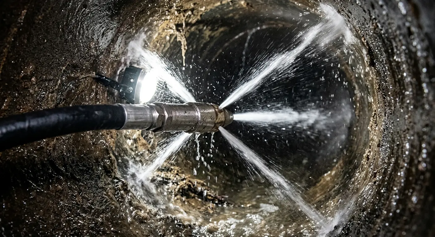 High-pressure hydro jetting nozzle cleaning sewer pipe for Storm Drain Cleaning in National City