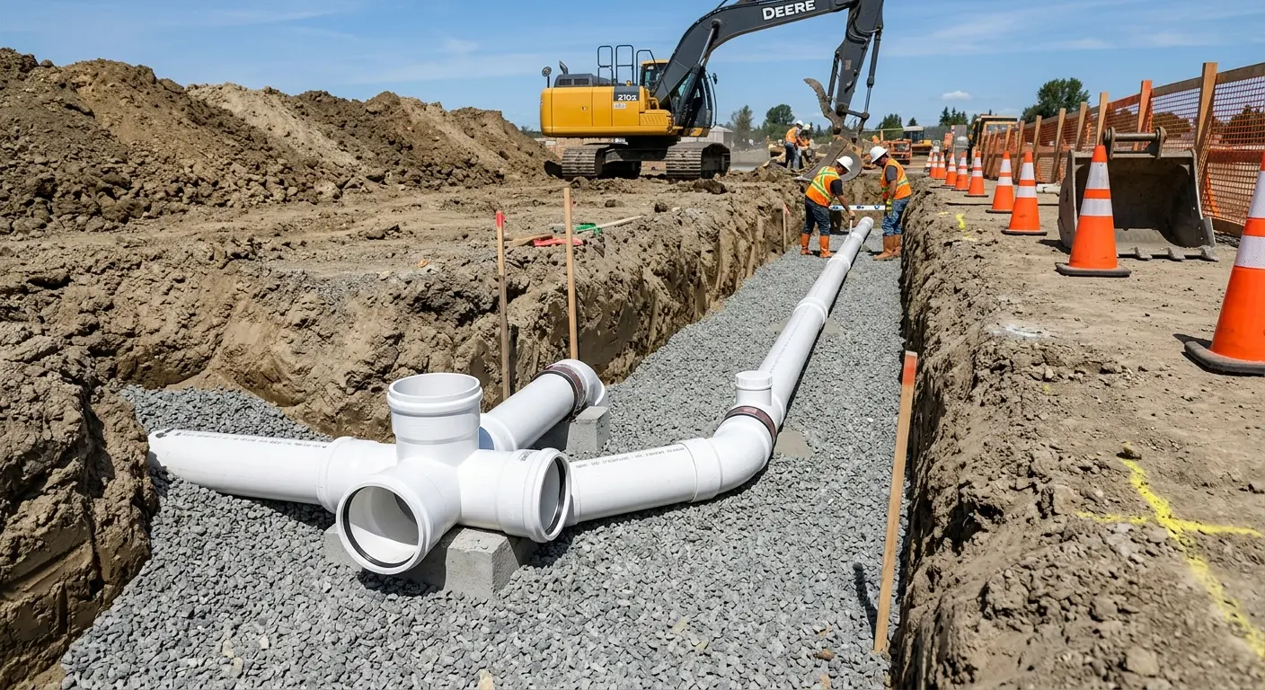 New PVC sewer pipe installation in open trench for Sewer Backup in National City