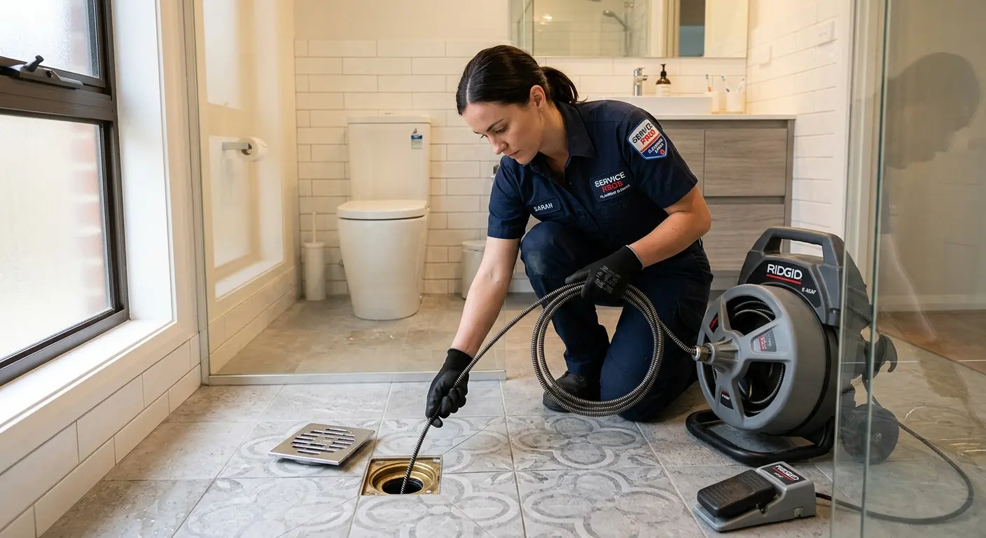 Technician clearing a bathroom floor drain for Drain Cleaning in National City